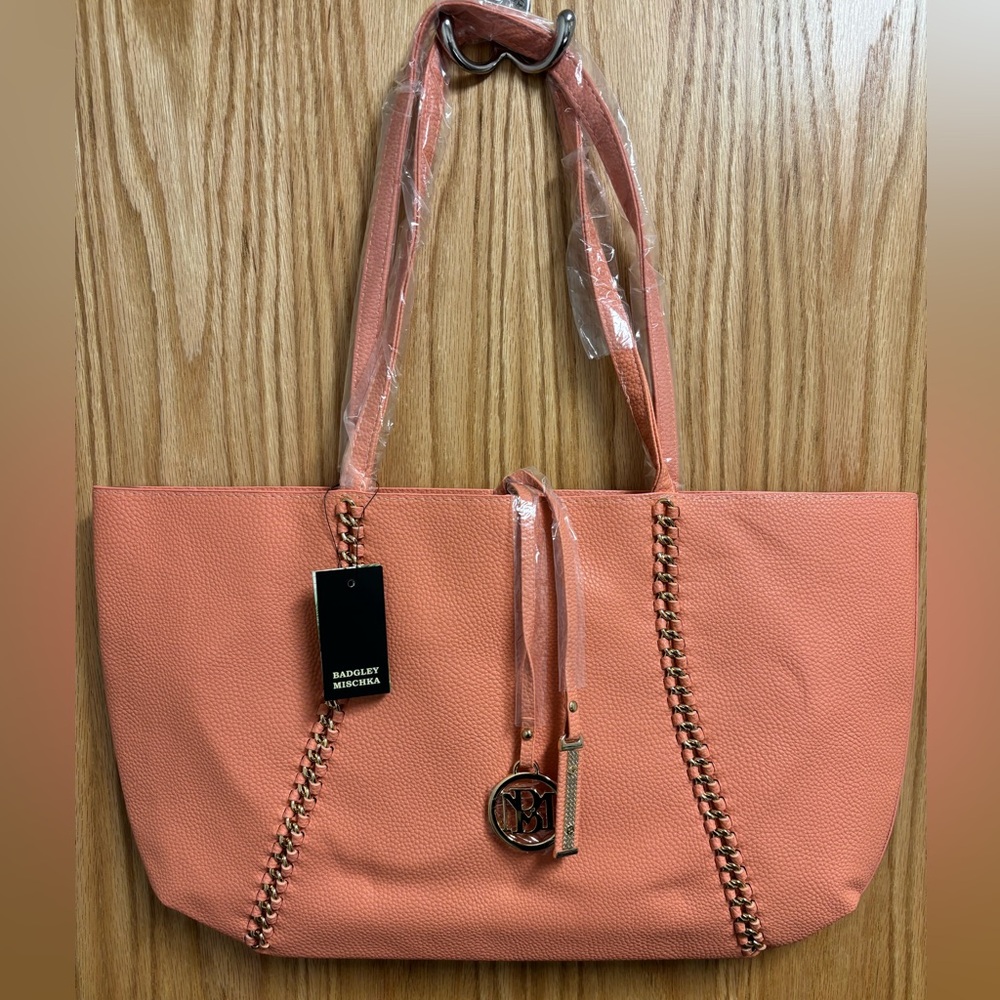 Badgley Mischka Coral Tote with Chain Detail